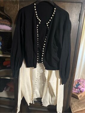 ModCloth Black and Cream Pearl-Trim Cardigan Set